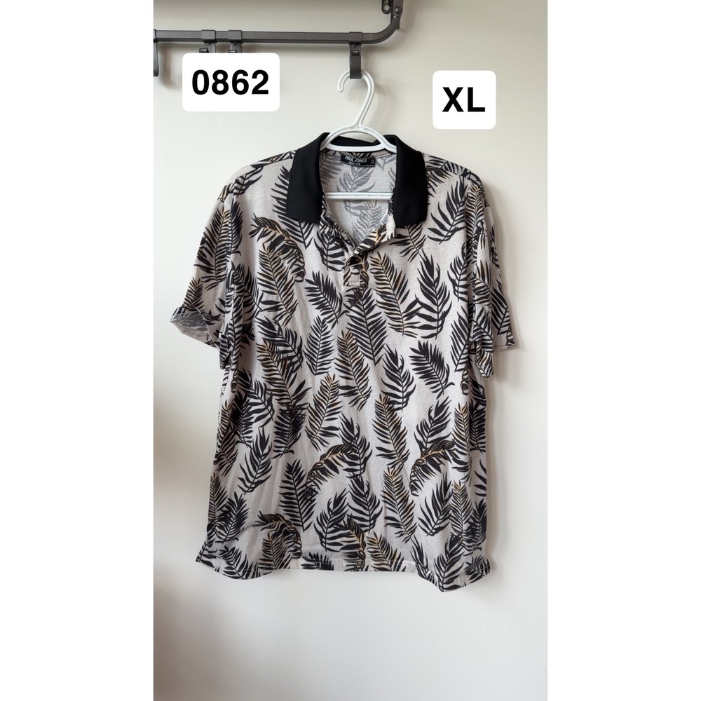 Paul Jones Mens XL Polo Shirt Palm Leaf Tropical Print Short Sleeve Black Tan